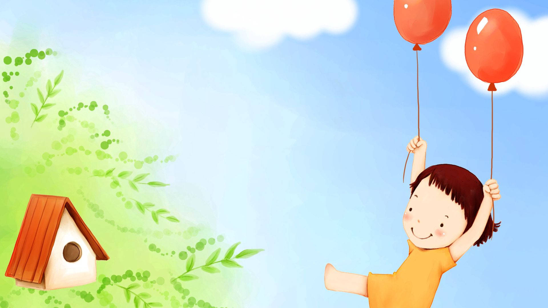 ภาพวาดสุดน่ารักของบ้านนกน้อยและลูกบอลหลากสี วอลเปเปอร์