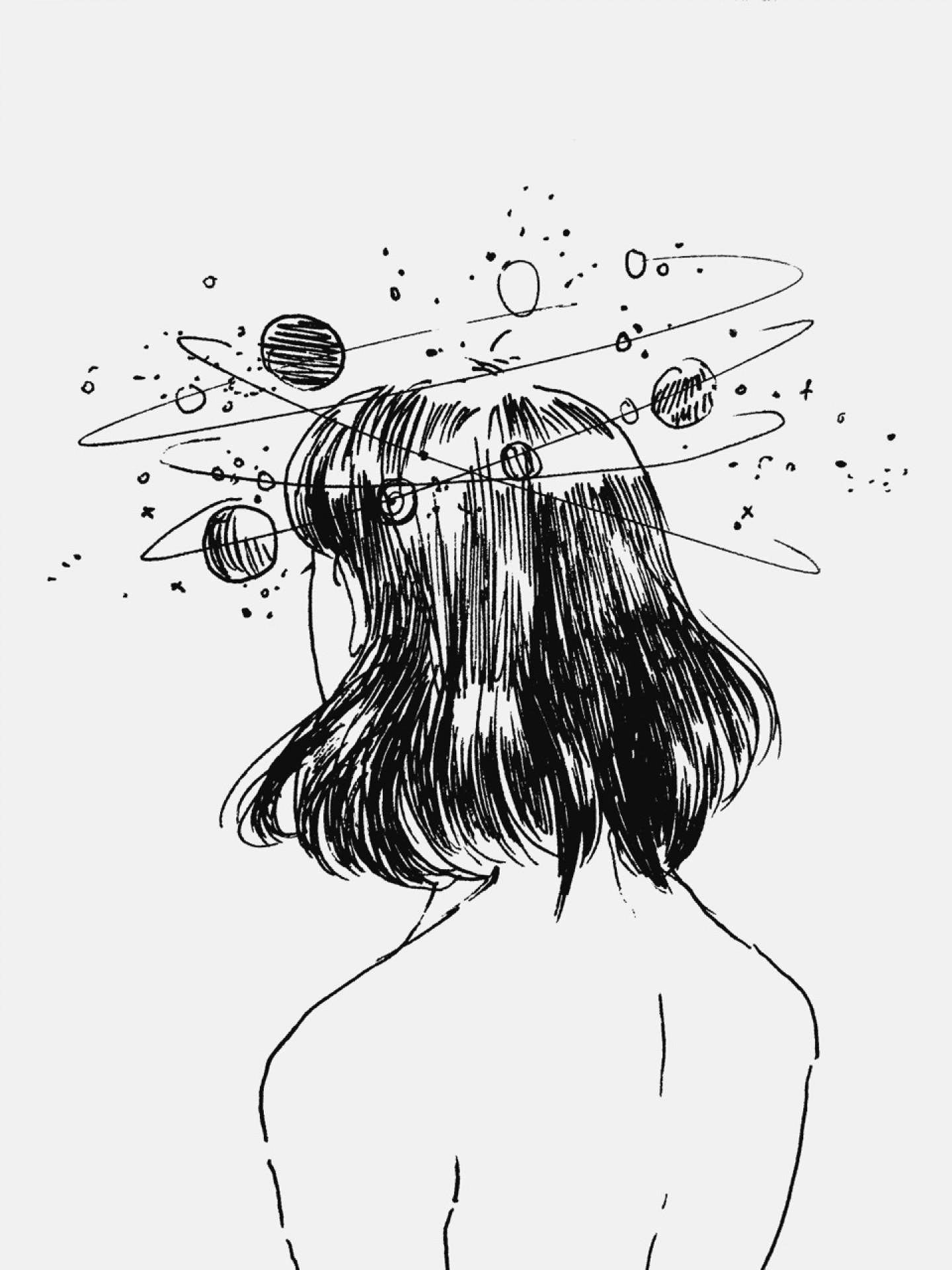 ภาพวาดสเก็ตช์สาวสวยกับดาวเคราะห์โคจรรอบศีรษะ วอลเปเปอร์