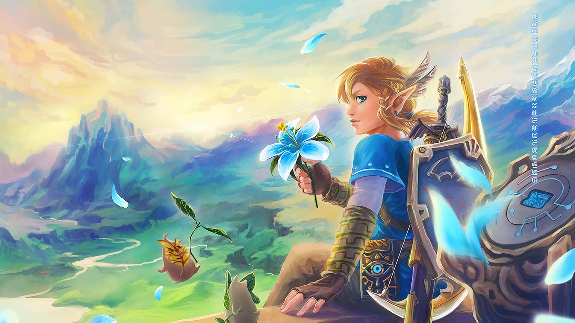 ภาพวาดแฟนอาร์ต Zelda Botw ลิงค์กับดอกไม้ วอลเปเปอร์