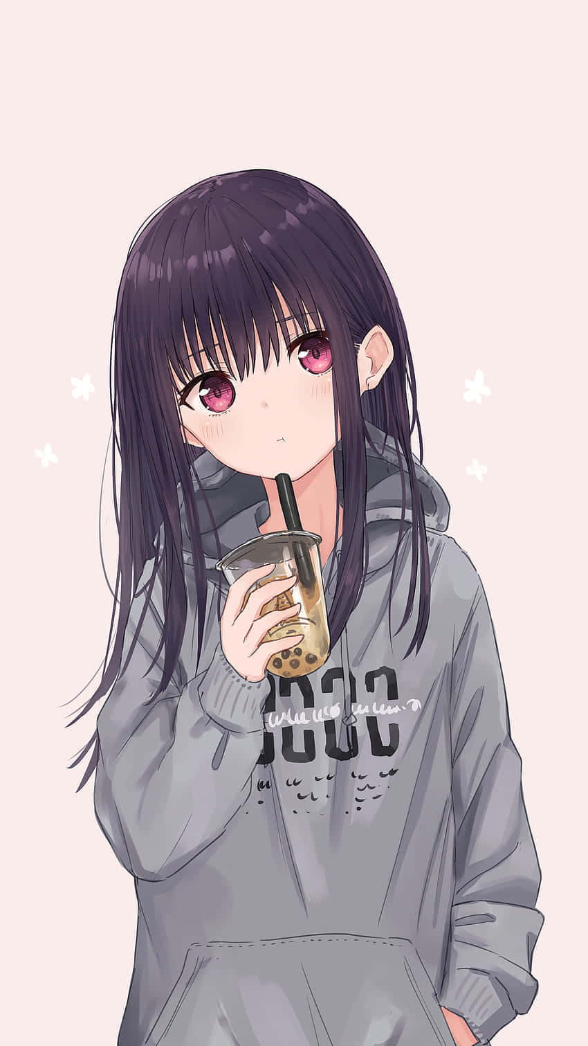 ภาพสาวอนิเมะใส่ฮู้ดดื่มชาบับเบิล วอลเปเปอร์