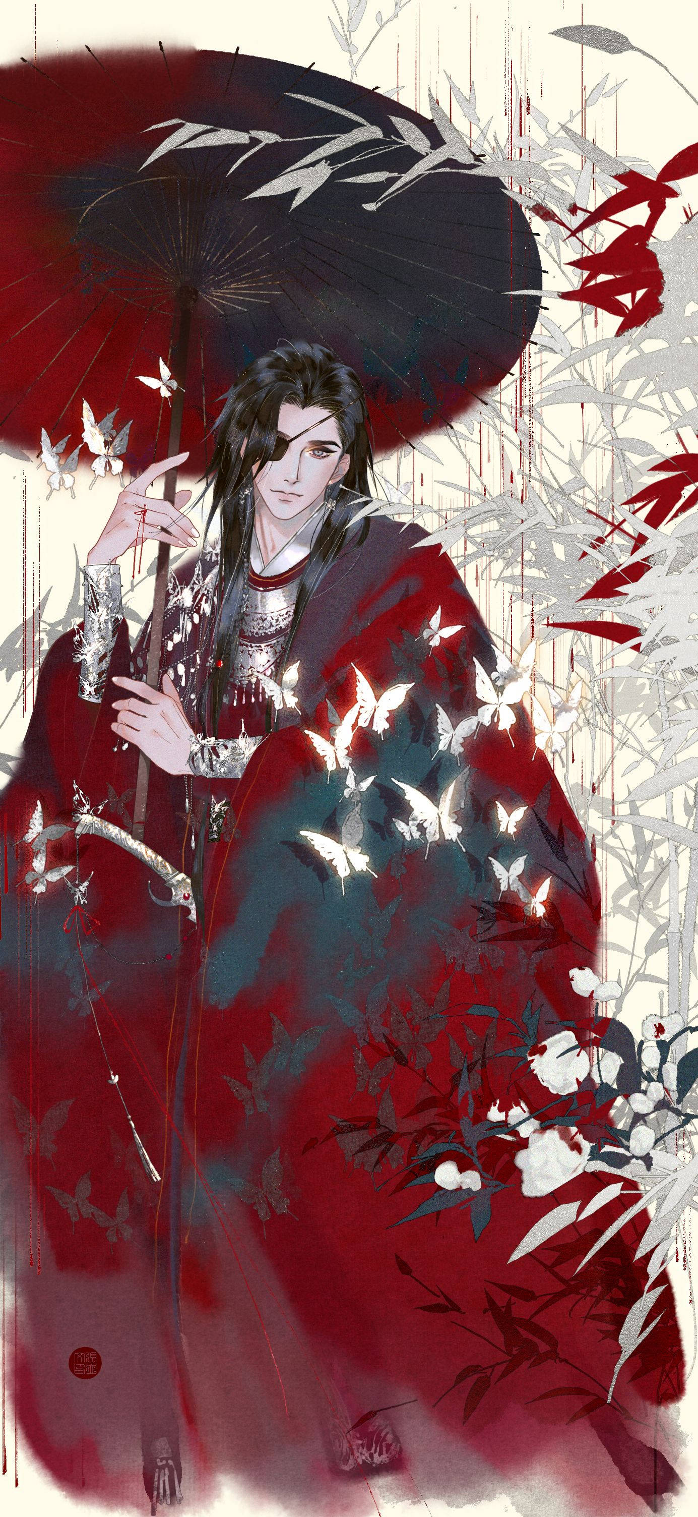 ภาพสีน้ำ Hua Cheng ชุดแดง วอลเปเปอร์