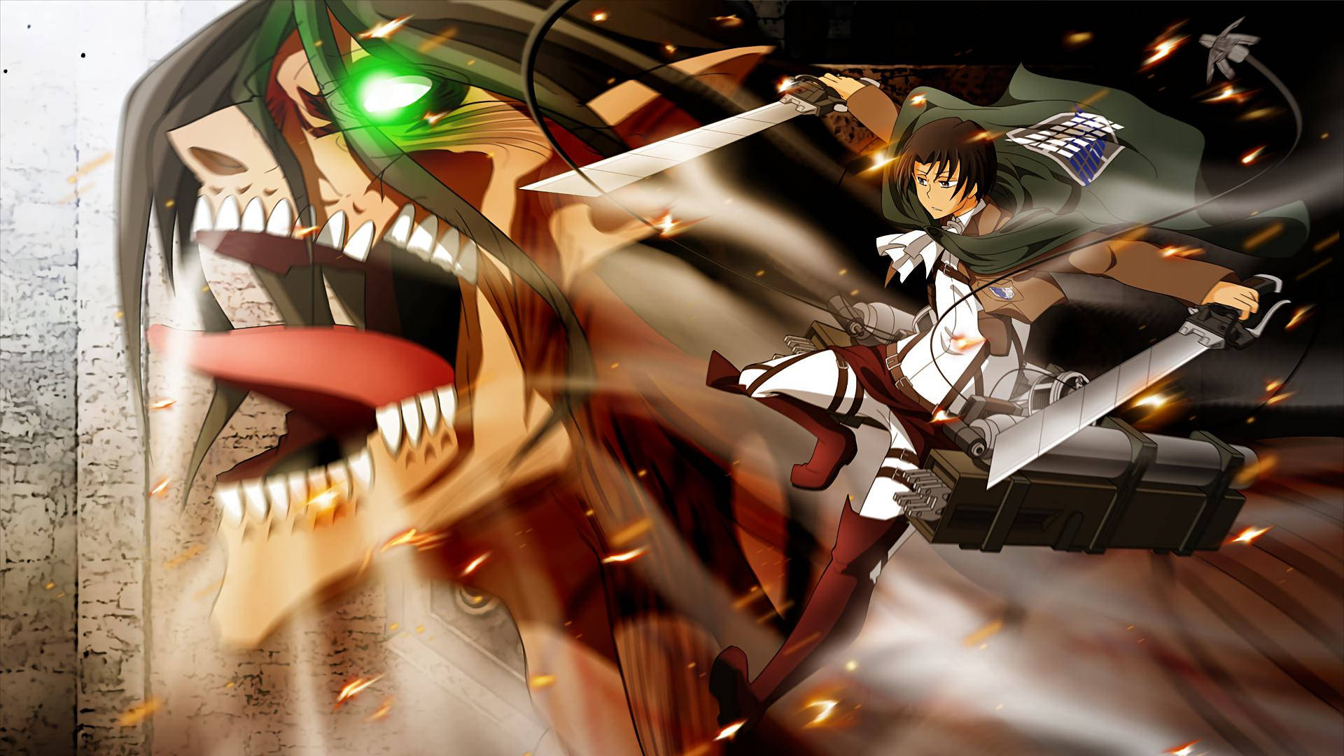 ลีไวโบยบินด้วยอุปกรณ์ ODM ข้างร่างไททันจู่โจมของเอเรนในวอลเปเปอร์แฟนอาร์ต Attack On Titan — Attack On Titan วอลเปเปอร์