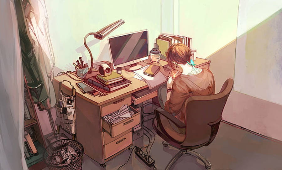 มุมมองด้านหลังของโต๊ะทำงานแล็ปท็อปของหนุ่มอนิเมะ วอลเปเปอร์