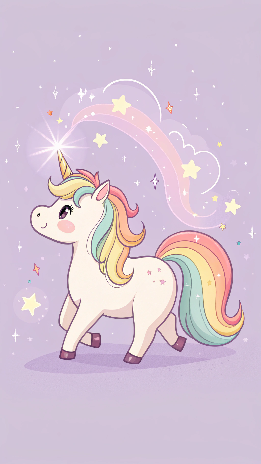ยูนิคอร์นน่ารักกับแผงคอและหางสีรุ้ง วอลเปเปอร์