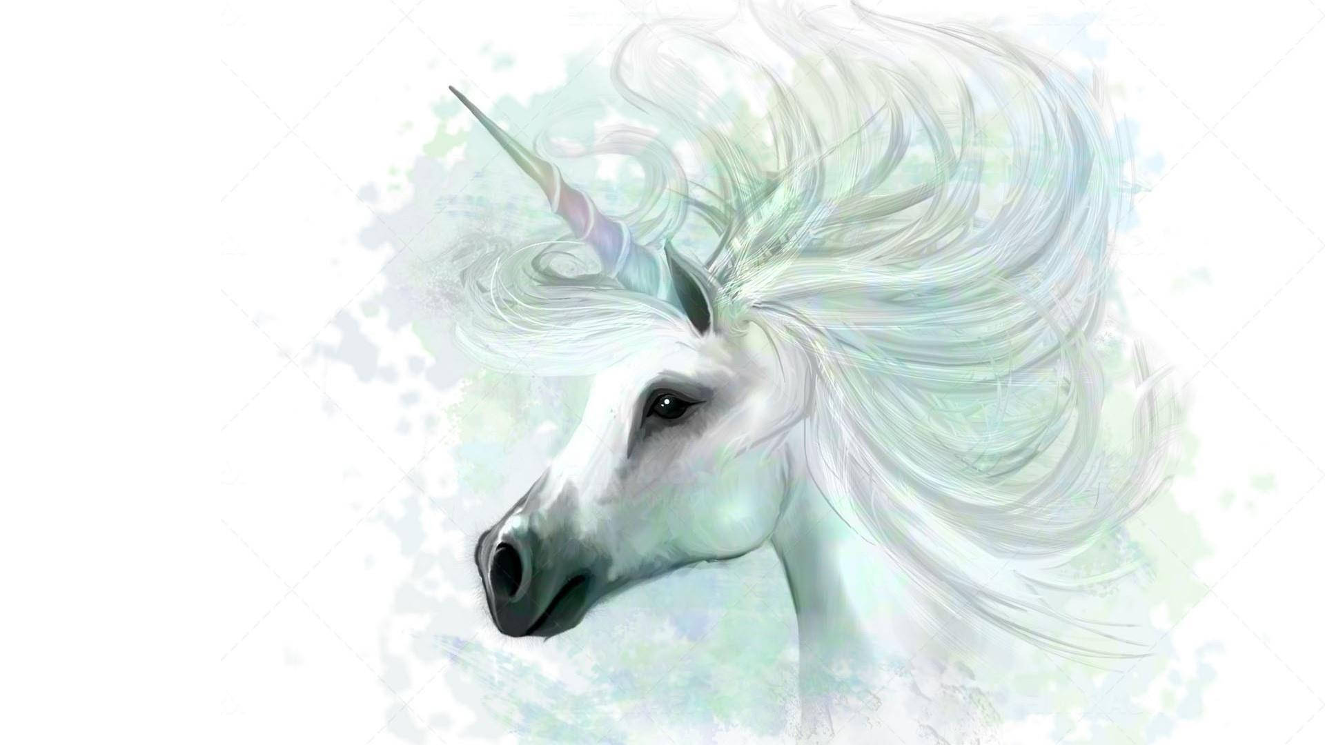 ยูนิคอร์นสีขาวมีขนยาวตรงสลวยเป็นประกาย ในภาพวาดสีขาวพร้อมละอองสี — ยูนิคอร์น วอลเปเปอร์