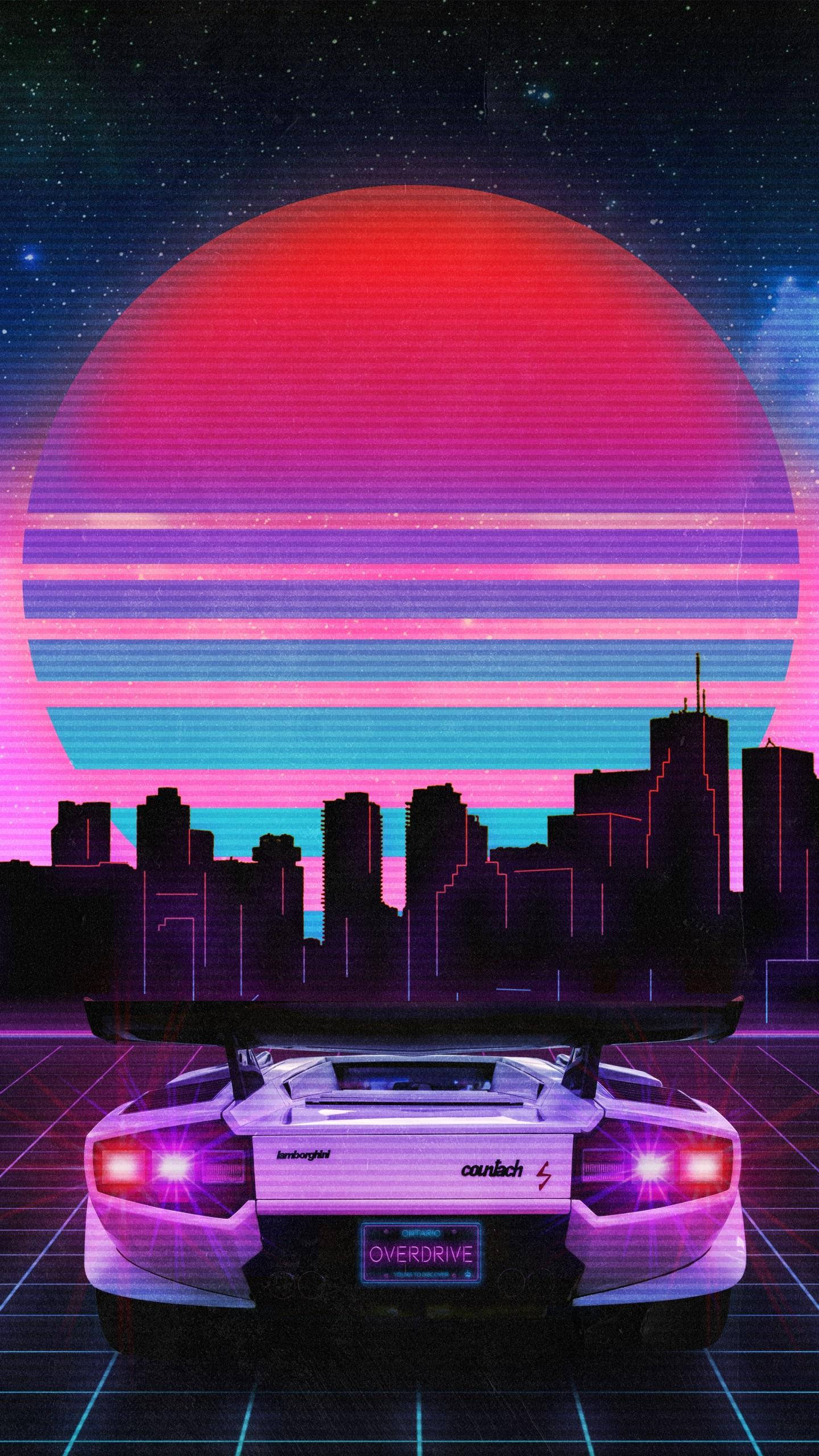 รถสไตล์ JDM กับพระอาทิตย์ตกแนว Vaporwave วอลเปเปอร์
