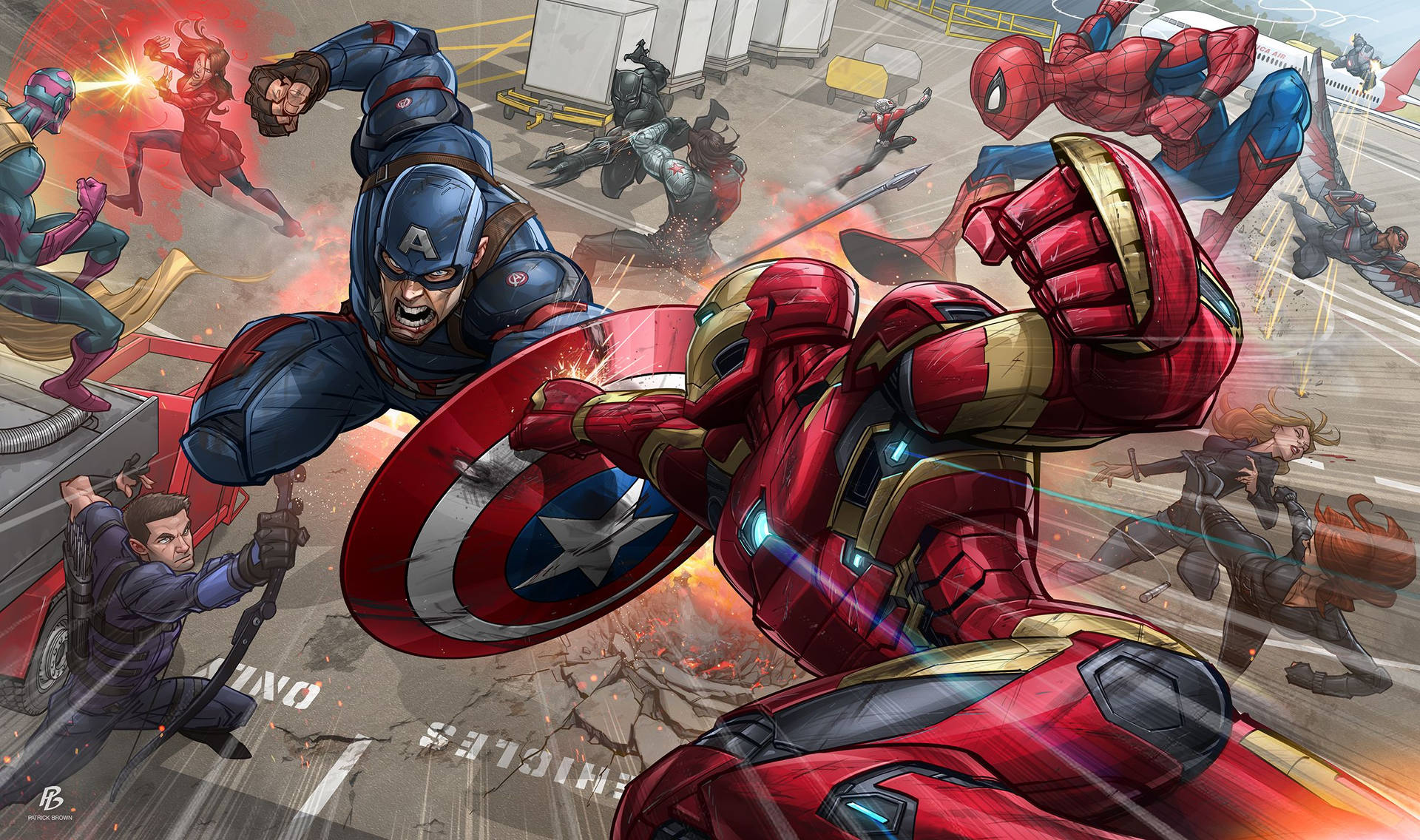 ฮีโร่มาร์เวล Captain America และ Iron Man กำลังต่อสู้ — มาร์เวล วอลเปเปอร์