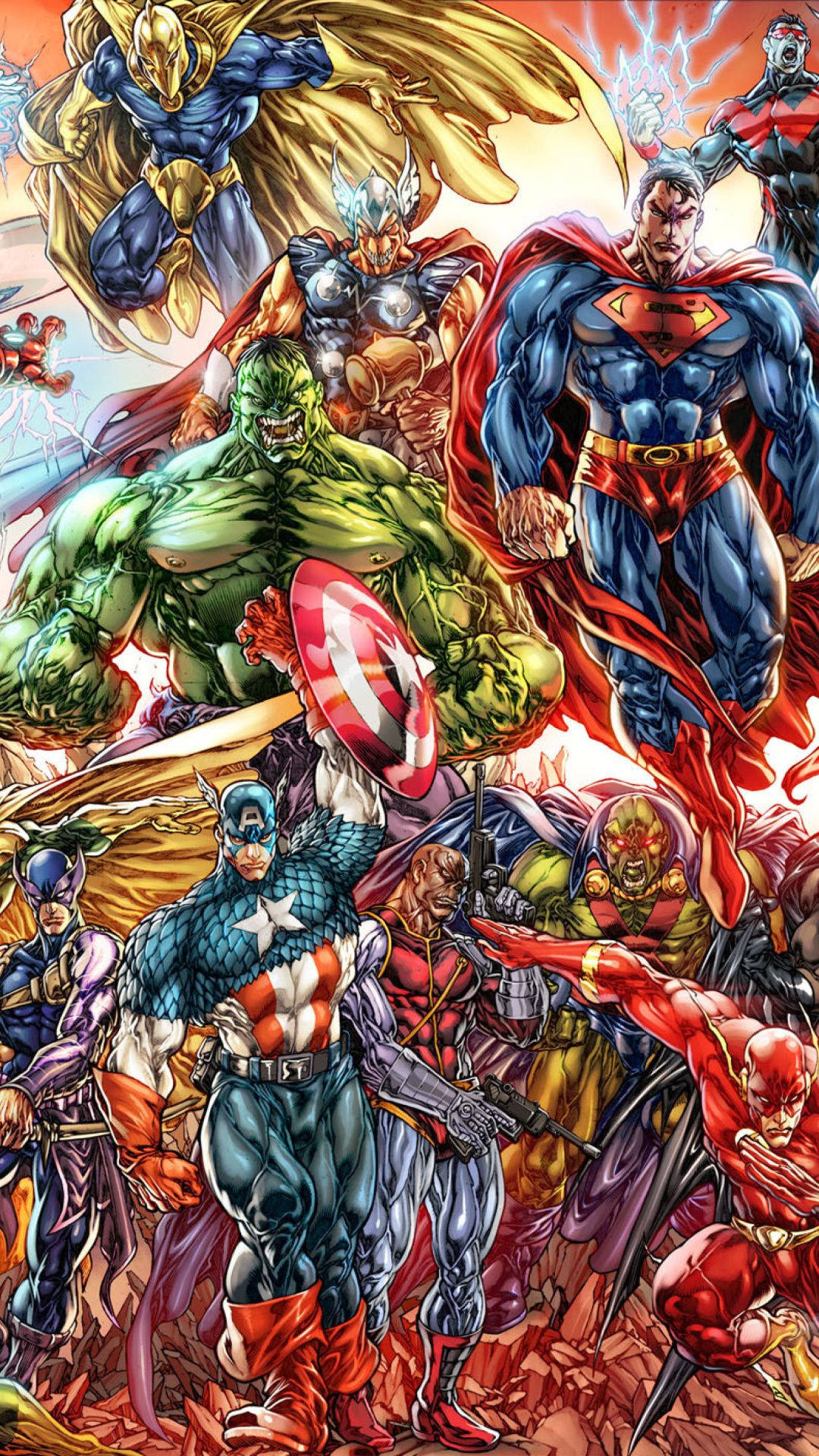 พื้นหลังสีสันสไตล์การ์ตูนมาร์เวลพร้อมฮีโร่และวายร้าย — มาร์เวล วอลเปเปอร์