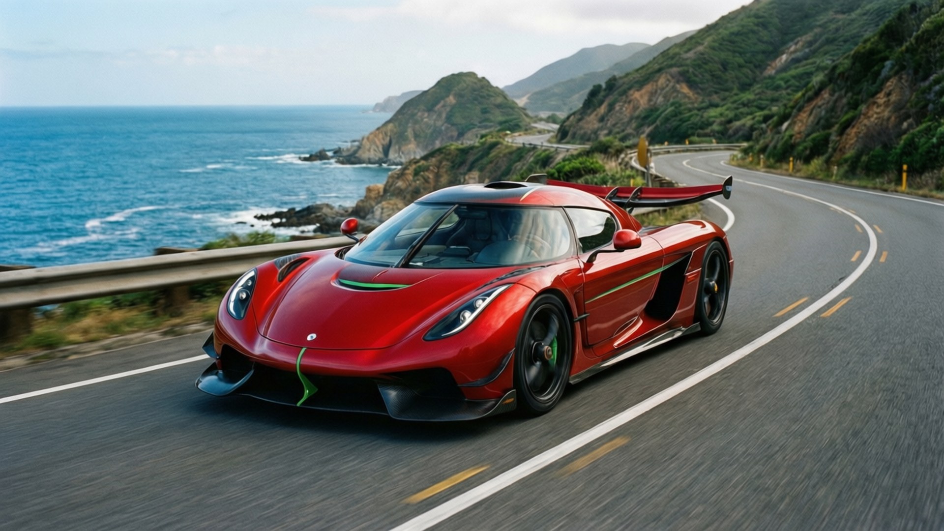 รถ Koenigsegg Regera สีแดงโฉบเข้าโค้งริมชายฝั่งพร้อมวิวทะเลและเนินเขา — รถเท่ๆ GIF วอลเปเปอร์
