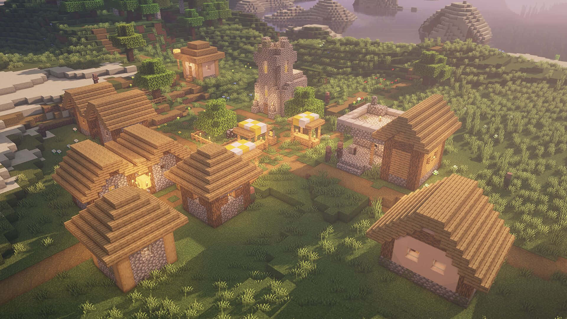 รูปบ้านในหมู่บ้าน Minecraft วอลเปเปอร์