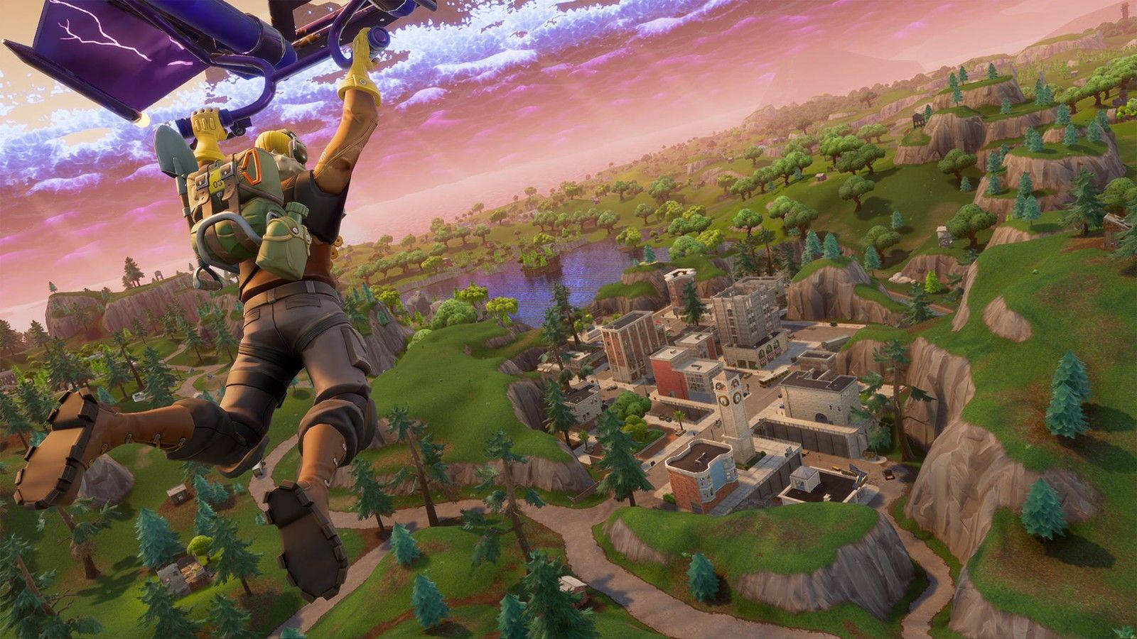 ตัวละครชายกำลังร่อนลงสู่ตึกในวอลเปเปอร์ Fortnite — ฟอร์ทไนท์ วอลเปเปอร์