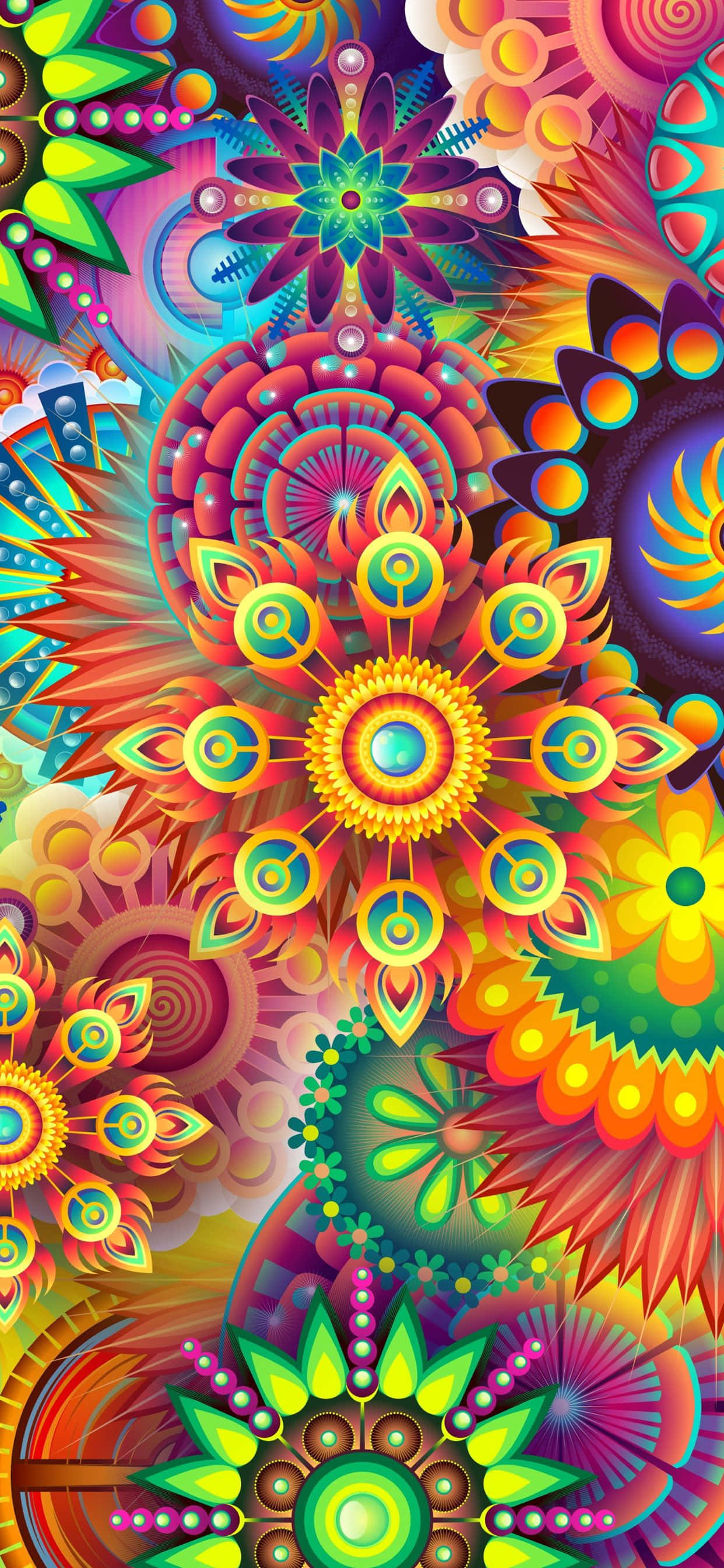 ลายนามธรรมสีสันสดใสพร้อมดอกไม้หลากสี วอลเปเปอร์