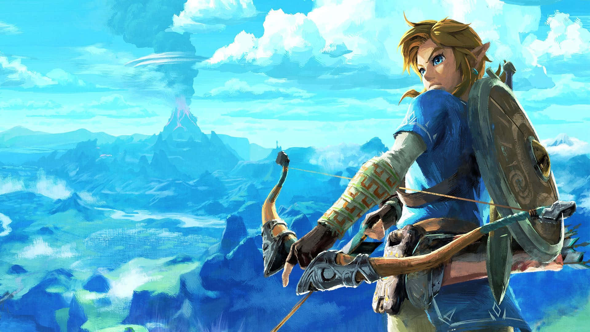 ลิงก์กำลังดึงธนูจากเกม Zelda Botw วอลเปเปอร์