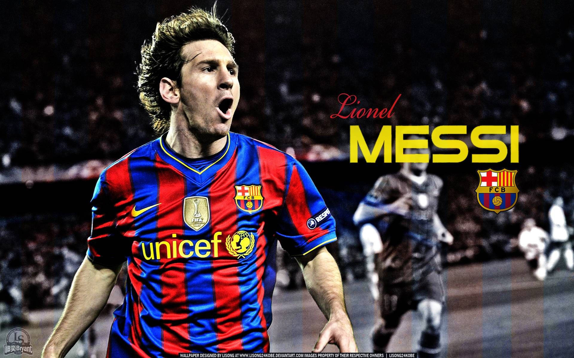 วอลเปเปอร์เมสซีส่งเสียงเชียร์ในเสื้อ FC Barcelona ยูนิเซฟ — เมสซี วอลเปเปอร์