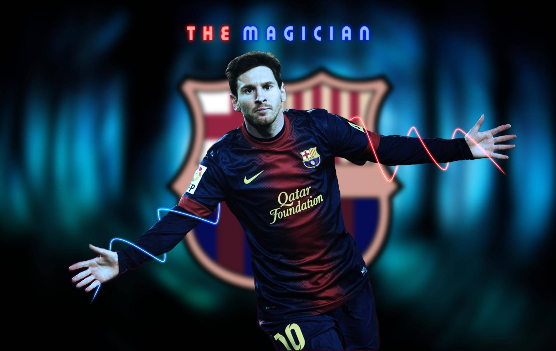 วอลเปเปอร์ลิโอเนล เมสซี พร้อมข้อความ The Magician และโลโก้ FCB — เมสซี วอลเปเปอร์