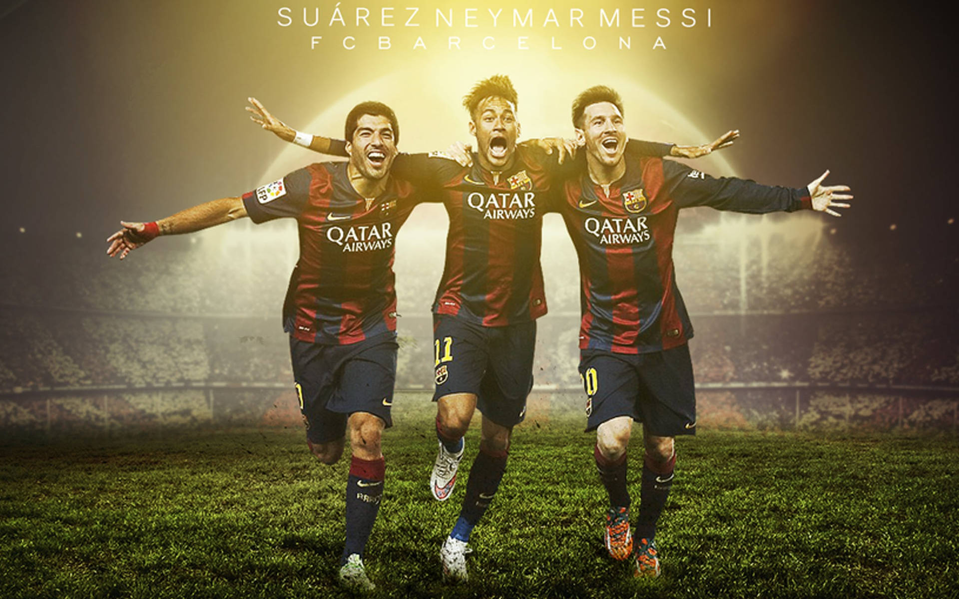 วอลเปเปอร์สามนักฟุตบอล เมสซี ซัวเรซ เนย์มาร์ วิ่งในสนาม — เมสซี วอลเปเปอร์