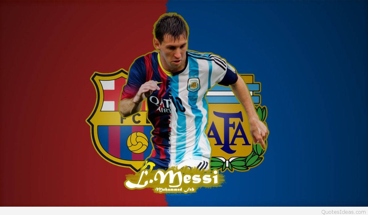 วอลเปเปอร์แฟนอาร์ตของลิโอเนล เมสซี่ พร้อมโลโก้ทีม FCB และ AFA — เมสซี วอลเปเปอร์
