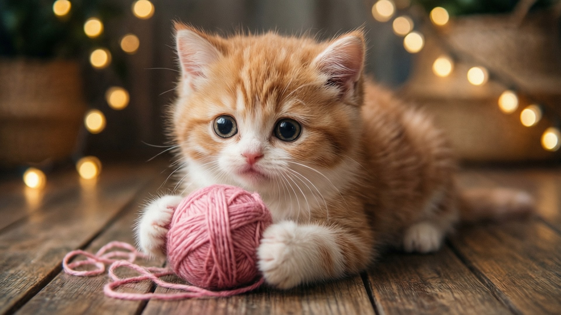 ลูกแมวน่ารักกำลังเล่นกับไหมพรมในบรรยากาศอบอุ่น — น่ารัก สวยงาม GIF วอลเปเปอร์