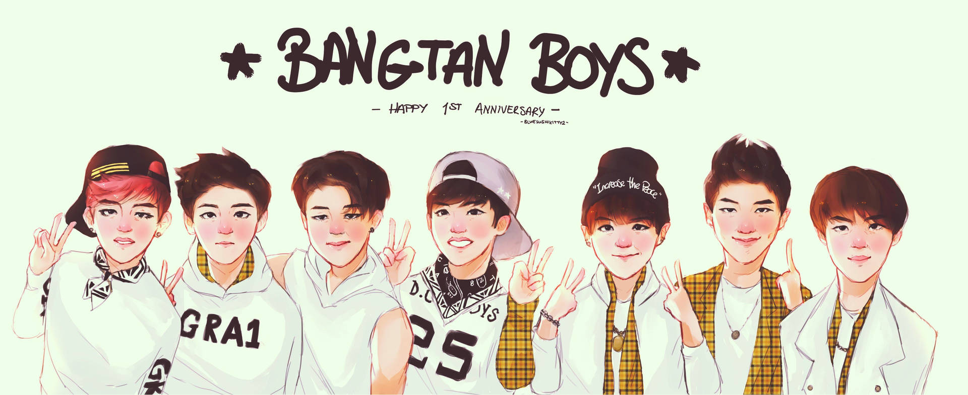 แฟนอาร์ตการ์ตูนของ BTS บังทันบอยส์ ในพื้นหลังน่ารัก — Bts วอลเปเปอร์