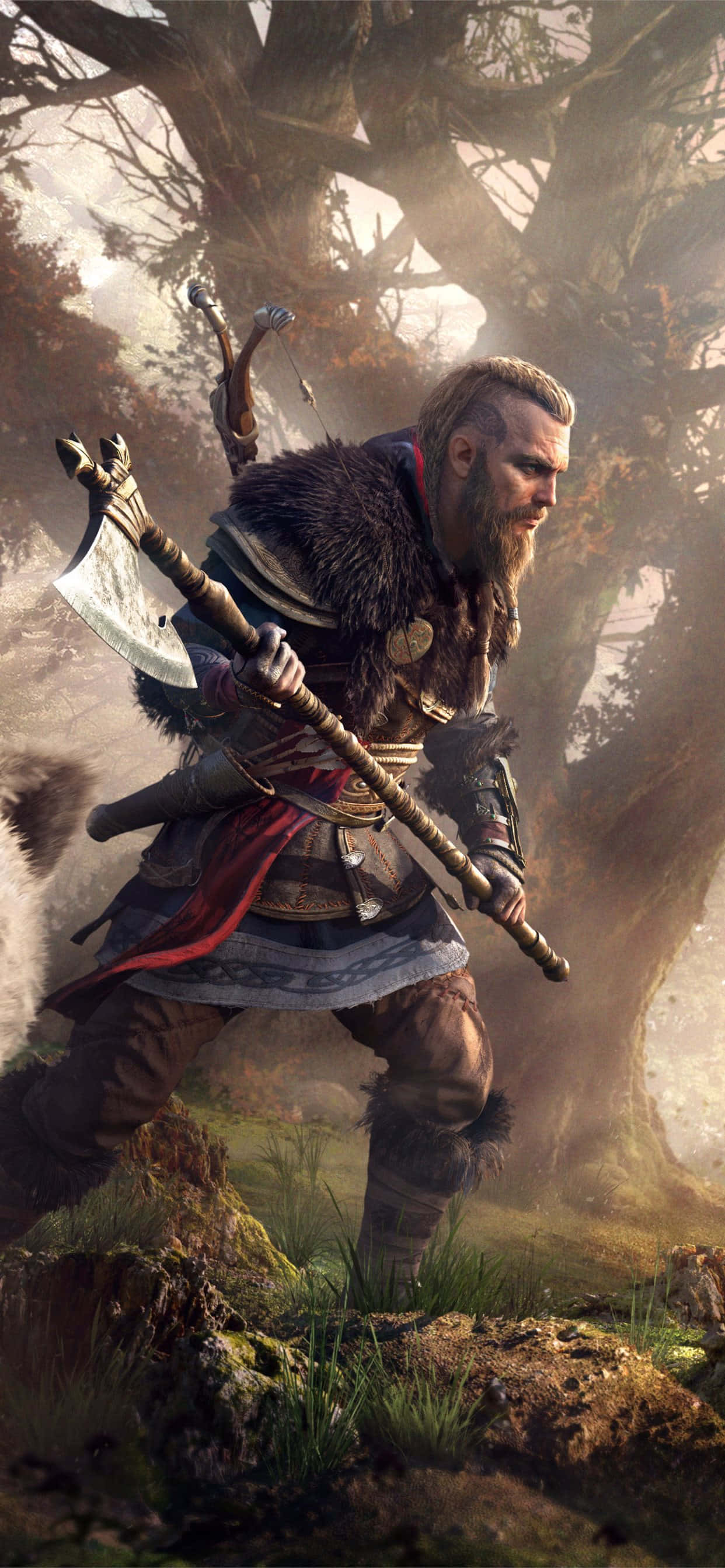 Eivor ถือขวาน iPhone Xs Max พื้นหลัง Assassin's Creed Valhalla วอลเปเปอร์