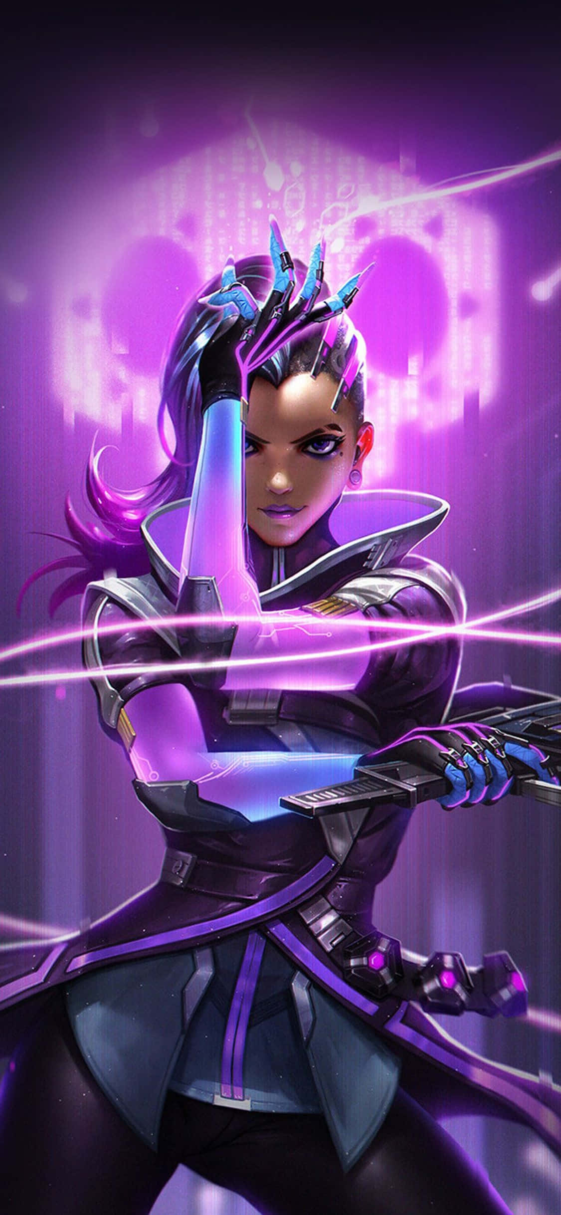 iPhone Xs Max พื้นหลัง Overwatch Sombra ไฟนีออนสีม่วง วอลเปเปอร์