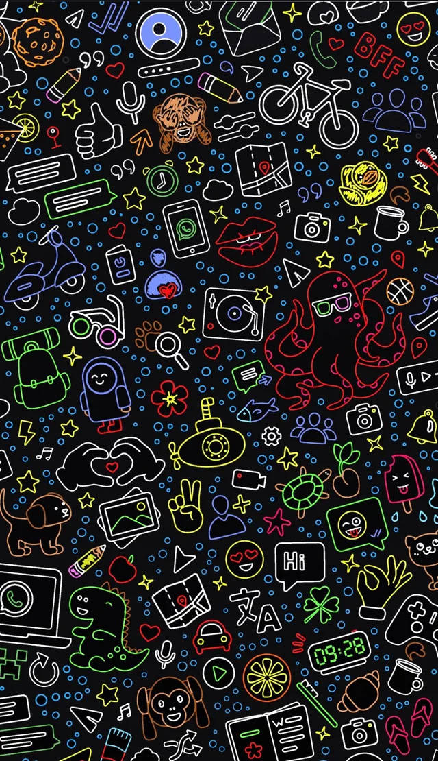 วอลเปเปอร์ WhatsApp iPhone นีออน doodle พื้นหลังดำ — นีออน วอลเปเปอร์