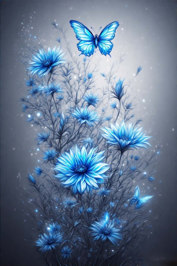 วอลเปเปอร์ดอกไม้สีฟ้าและผีเสื้อเรืองแสง วอลเปเปอร์