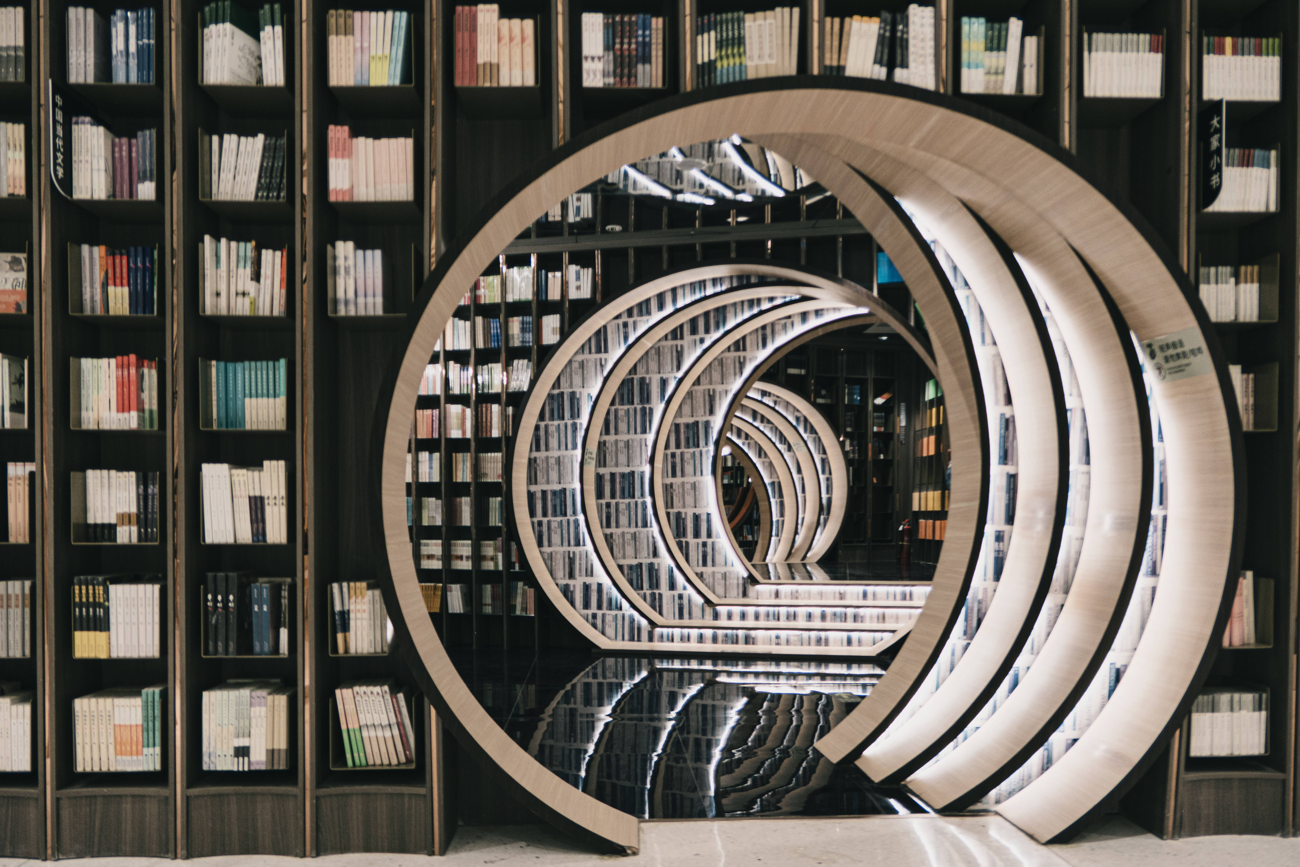 วิวพาโนรามาของชั้นหนังสือทรงกลมในห้องสมุด วอลเปเปอร์