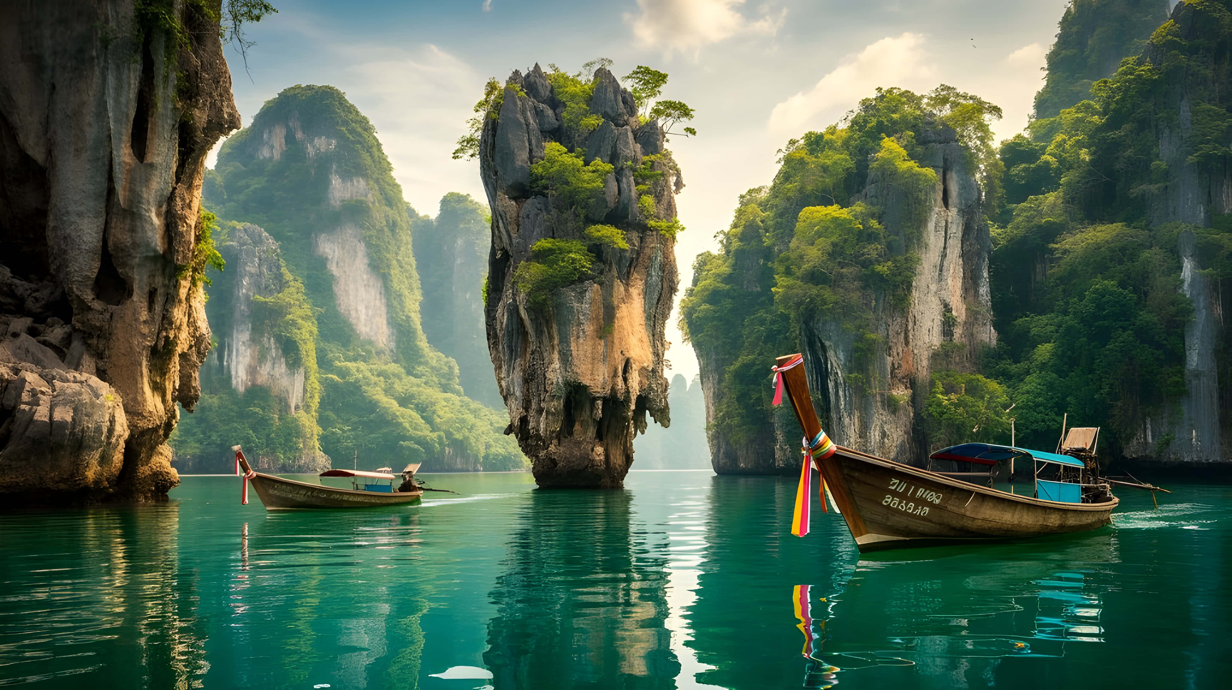วิวสวรรค์เกาะสวยงามกับภูมิทัศน์เรือพื้นบ้าน วอลเปเปอร์