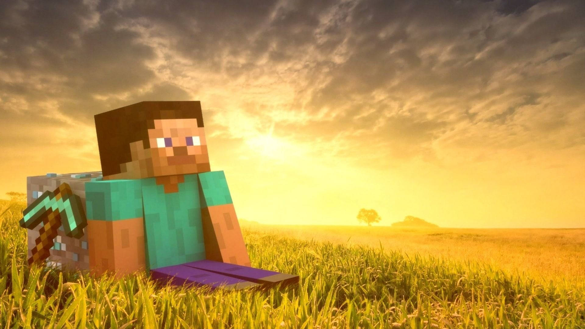 เด็กชายดูพระอาทิตย์ตกดินในโลก Minecraft — มายคราฟ วอลเปเปอร์
