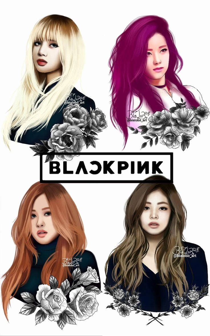วอลเปเปอร์แฟนอาร์ตภาพเหมือนสมาชิก Blackpink กับดอกไม้ขาวดำ — Blackpink วอลเปเปอร์