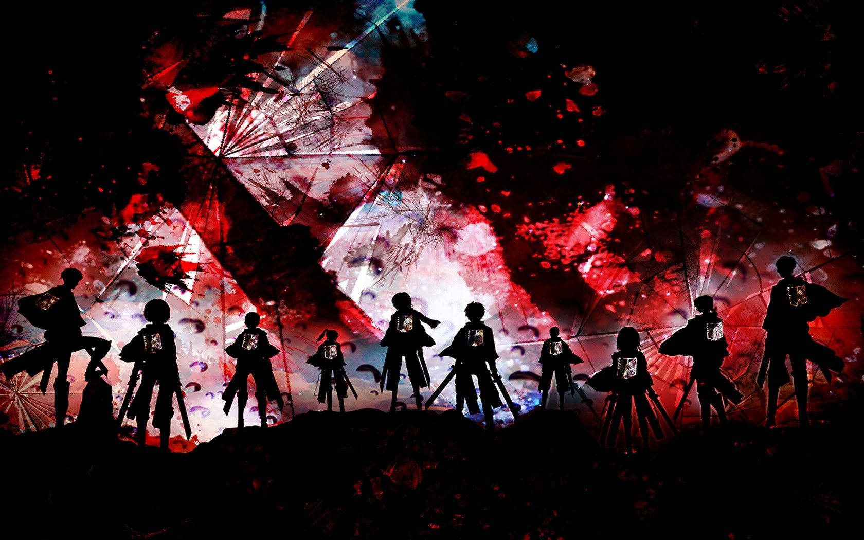 เงาของหน่วยสำรวจบนฉากหลังเปื้อนเลือด ในวอลเปเปอร์แฟนอาร์ต Attack on Titan — Attack On Titan วอลเปเปอร์