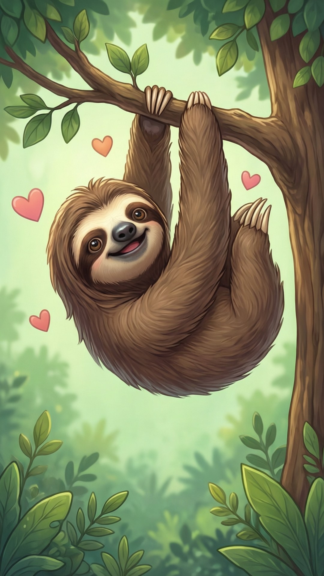 สลอธการ์ตูนน่ารักกำลังห้อยโหนพร้อมหัวใจ — น่ารัก สวยงาม GIF วอลเปเปอร์