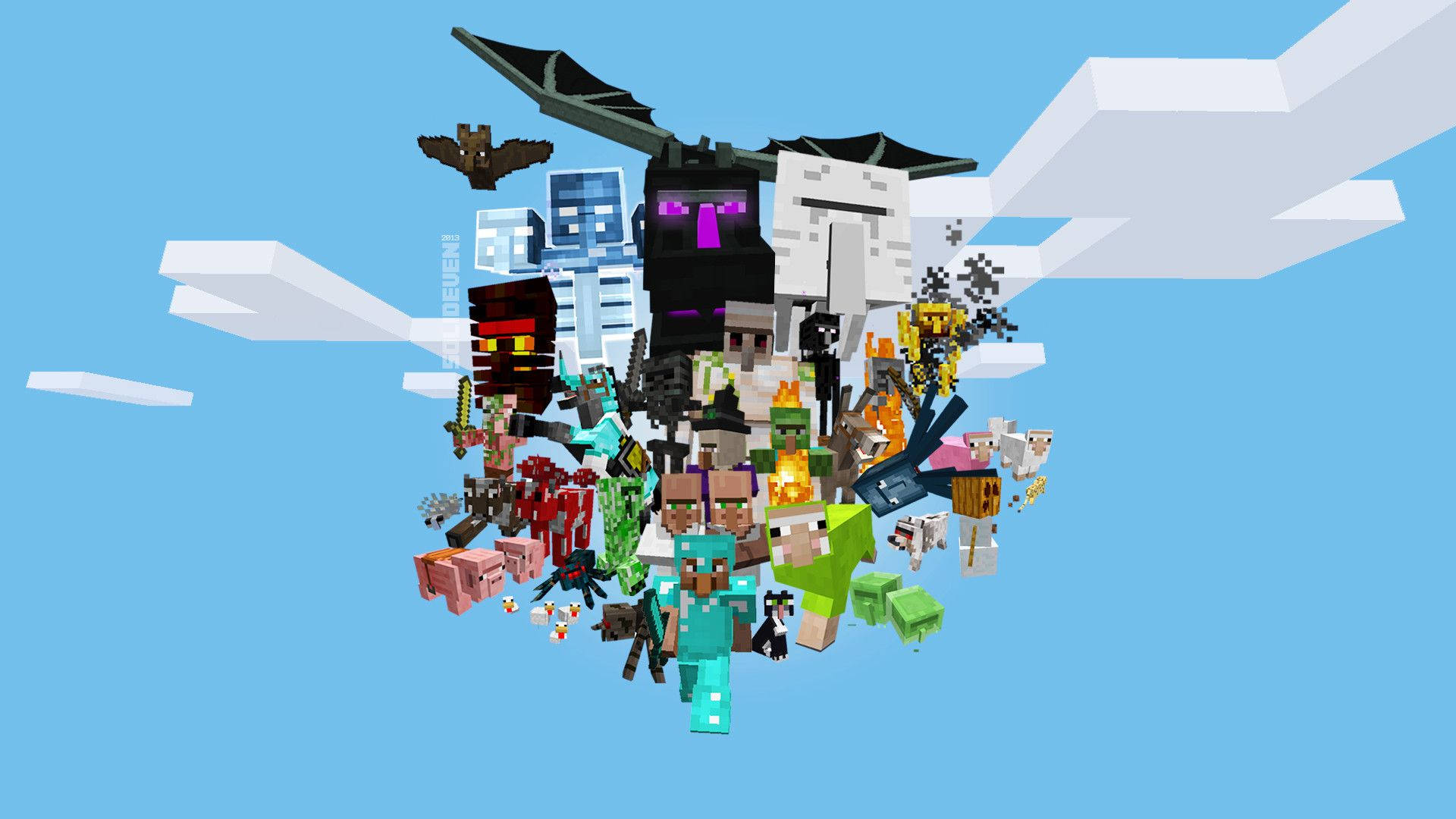 วอลเปเปอร์ม็อบ Minecraft รวมตัวบนท้องฟ้า — มายคราฟ วอลเปเปอร์