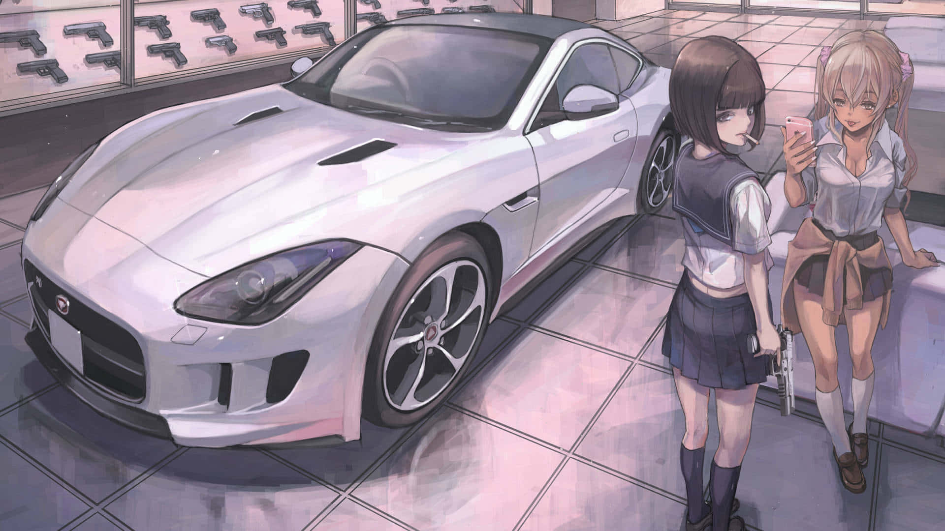 สองสาวยืนข้างรถสปอร์ตสีขาว วอลเปเปอร์
