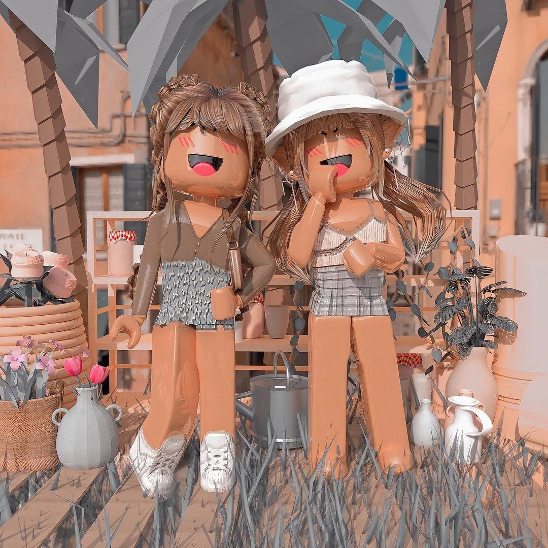 สาว Roblox สองคนแฮปปี้สไตล์พรีปี้ในสวน วอลเปเปอร์