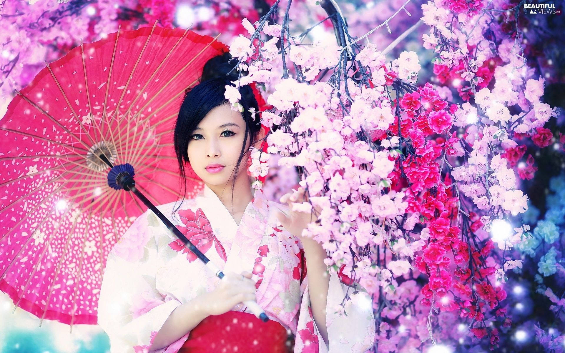 สาวญี่ปุ่นสไตล์ดอกไม้สีชมพู วอลเปเปอร์