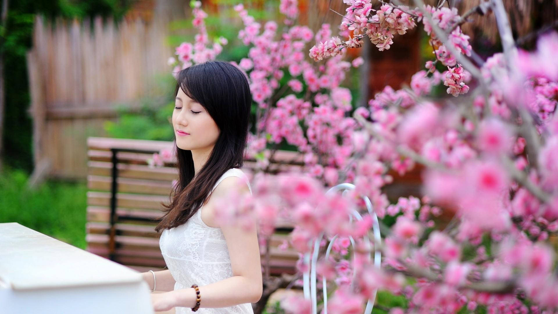 สาวญี่ปุ่นเล่นเปียโนท่ามกลางสวนดอกไม้สีชมพู วอลเปเปอร์