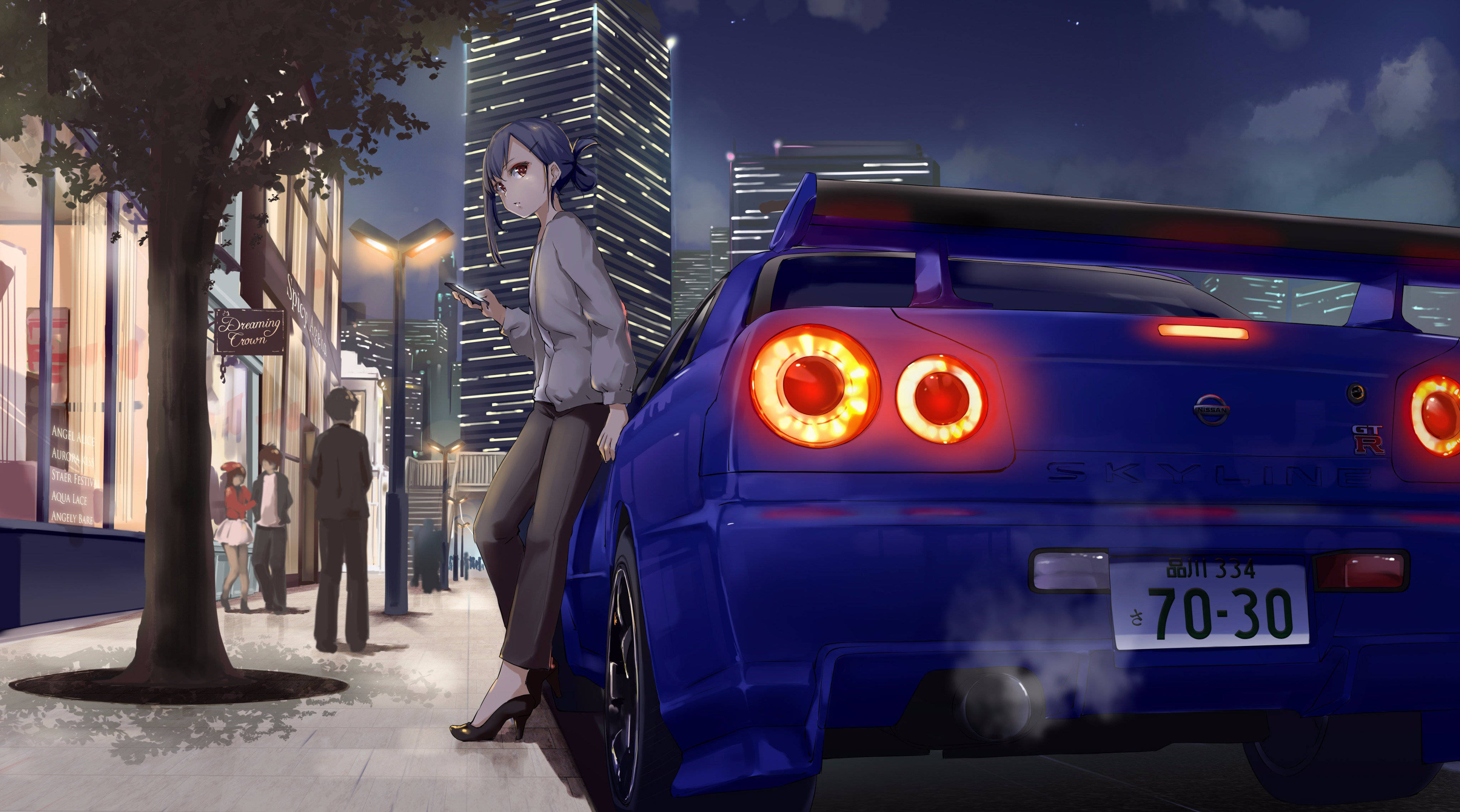 สาวน้อยพิงรถนิสสันสกายไลน์การ์ตูน วอลเปเปอร์