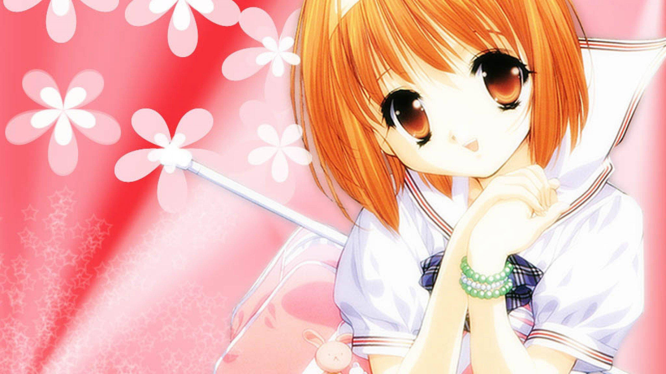 สาวน้อยอนิเมะน่ารักกับดอกไม้สีชมพู วอลเปเปอร์