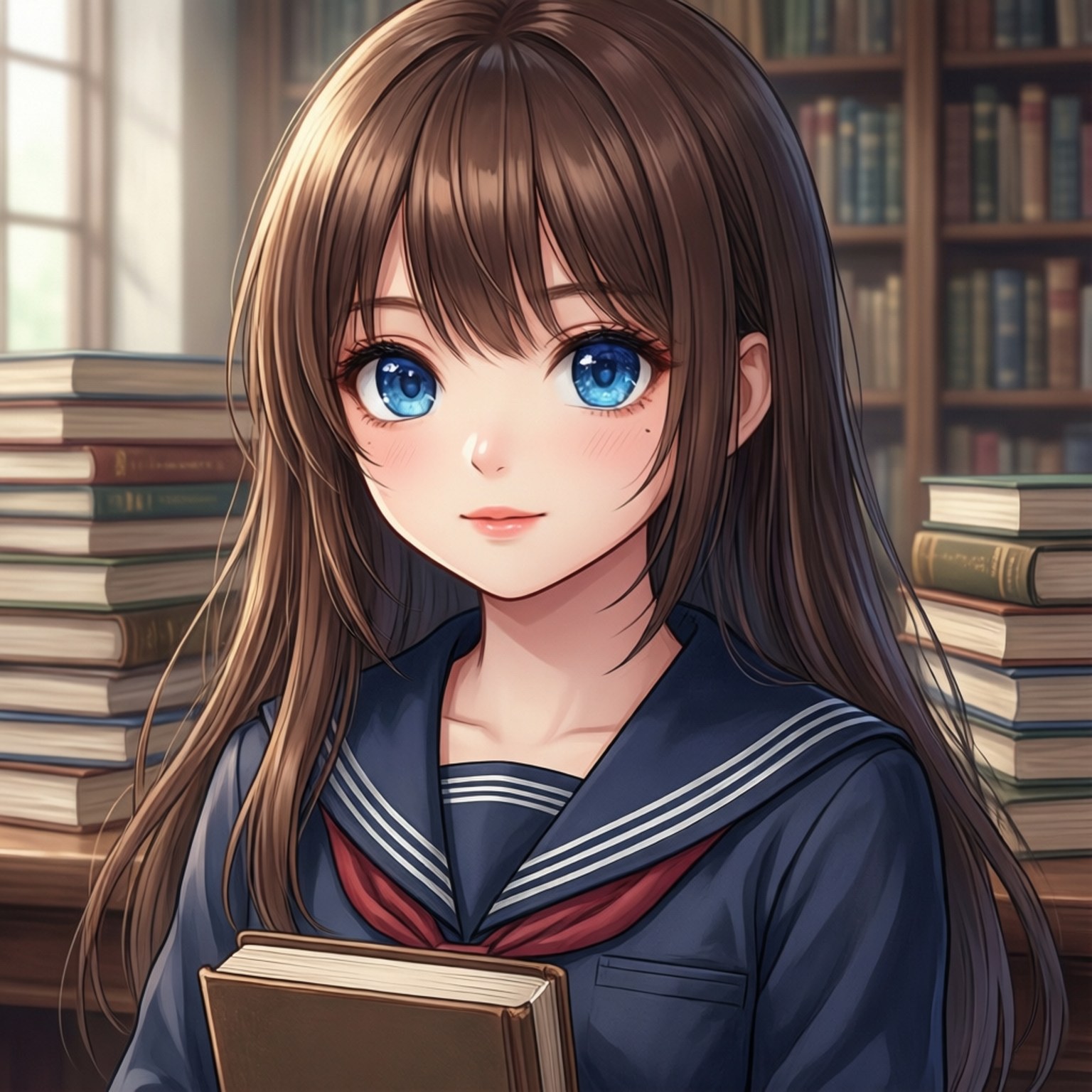 สาวผมน้ำตาลในห้องสมุด วอลเปเปอร์