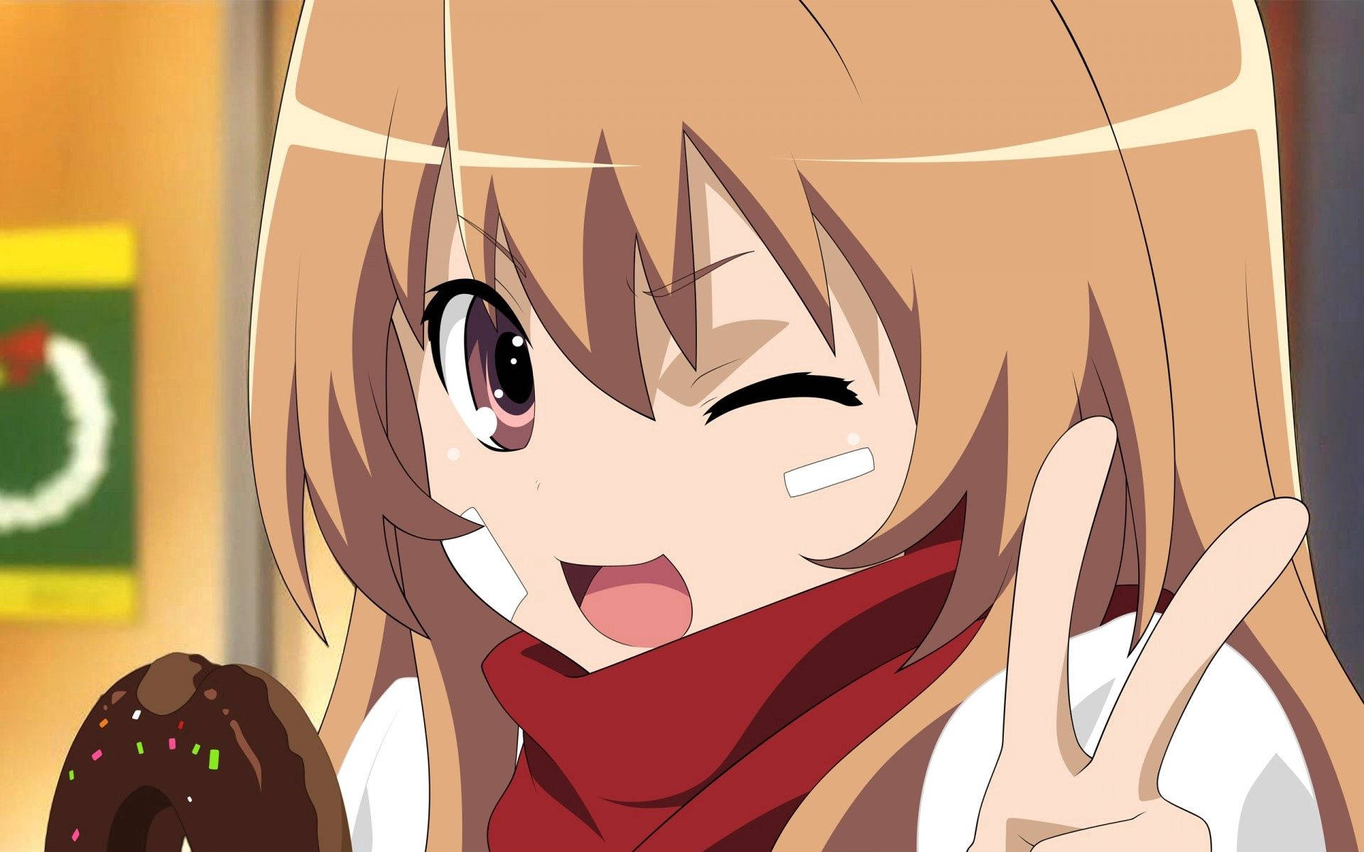 วอลเปเปอร์เซลฟี่ Taiga Aisaka จาก Toradora ทำสัญลักษณ์สันติภาพ — สาวอนิเมะ วอลเปเปอร์