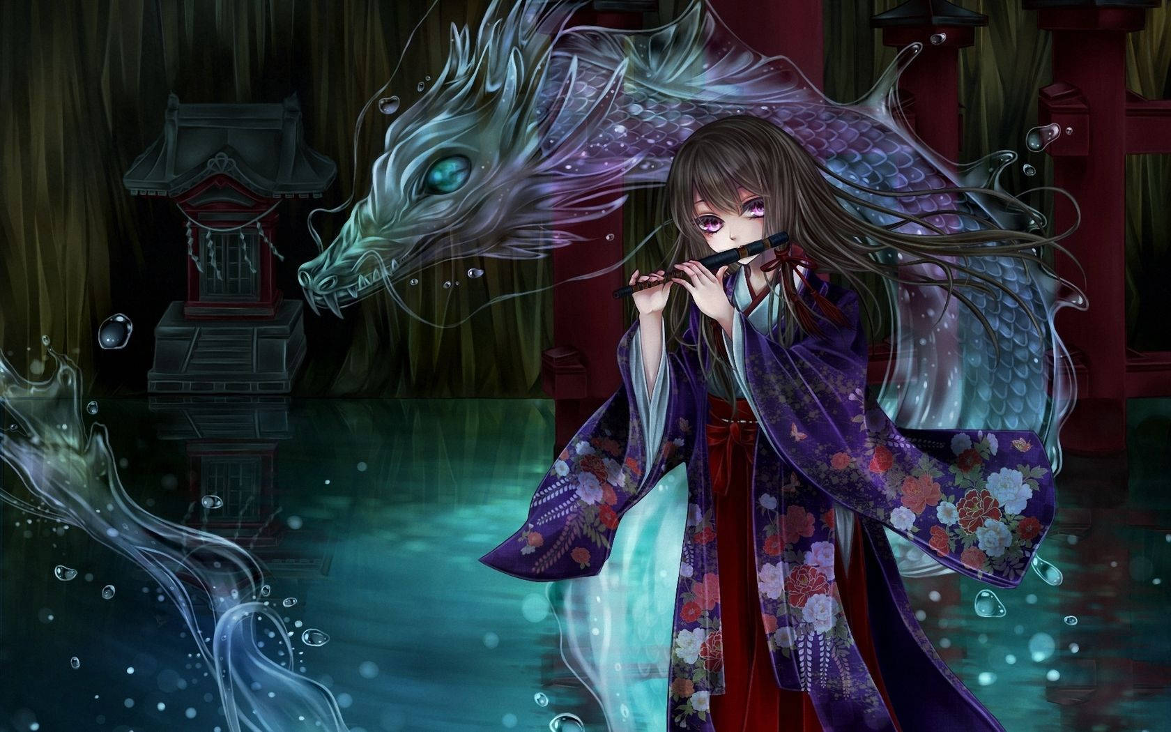 สาวอนิเมะญี่ปุ่นกับมังกรน้ำ วอลเปเปอร์