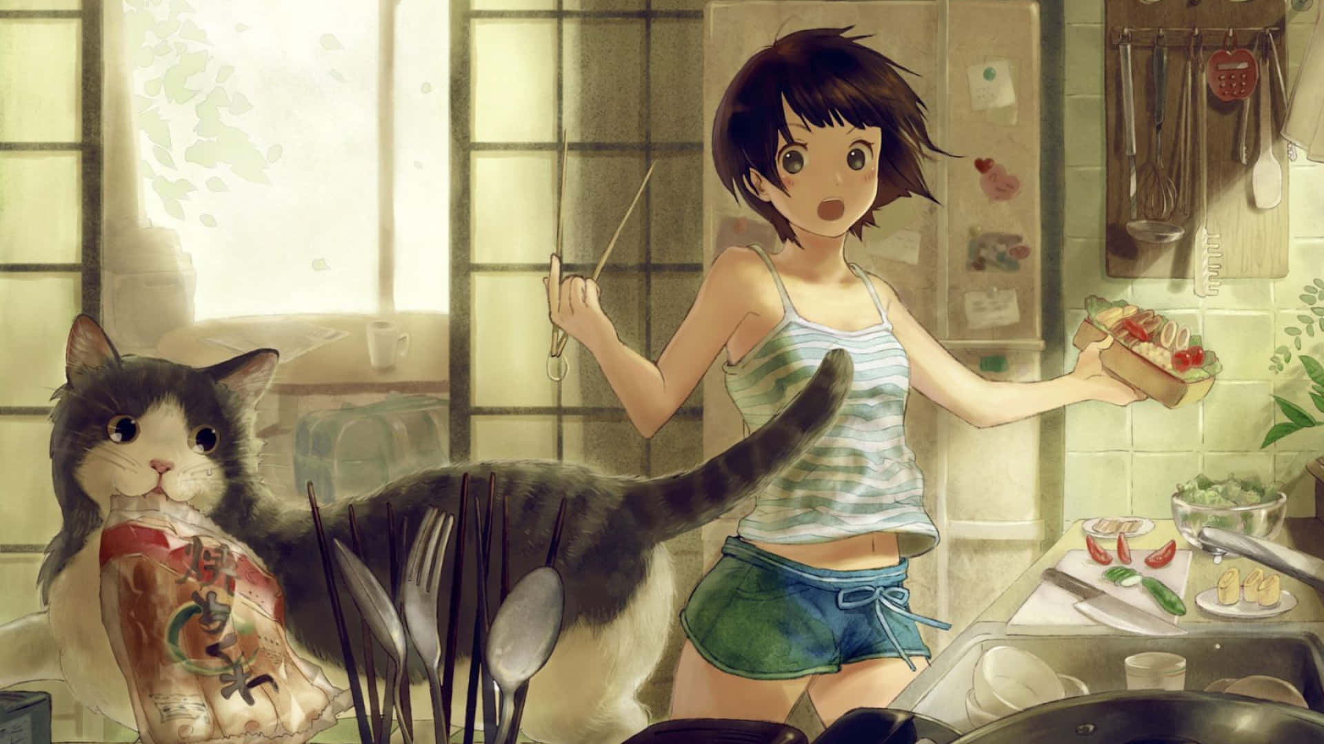 สาวอนิเมะตกใจ พื้นหลังห้องครัว 1920x1080 วอลเปเปอร์