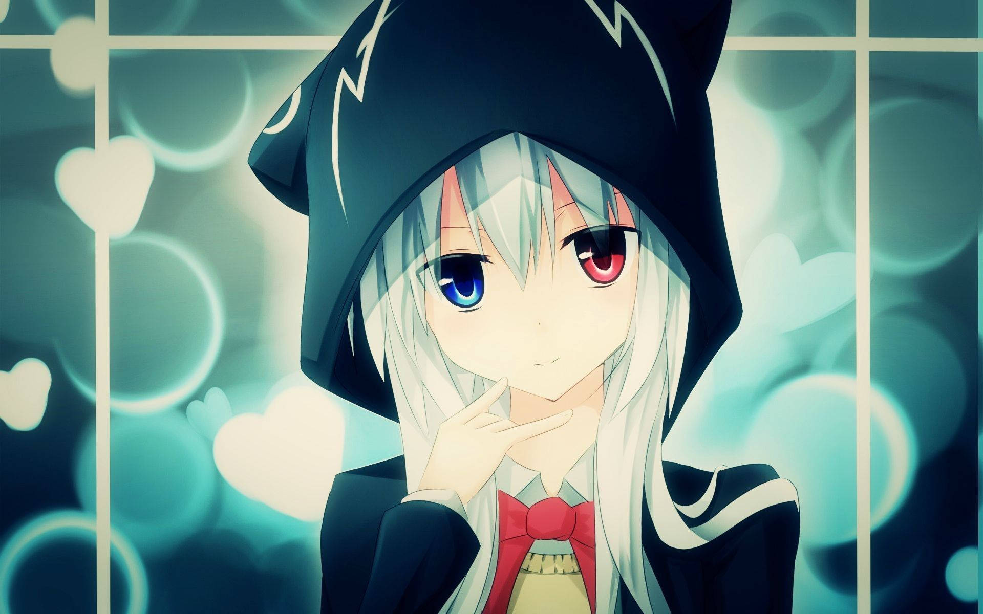สาวอนิเมะตาสองสีแดงและน้ำเงินใส่ฮู้ด วอลเปเปอร์