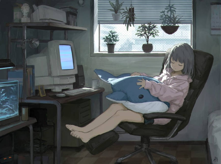 สาวอนิเมะนอนหลับหน้าจอแล็ปท็อป วอลเปเปอร์