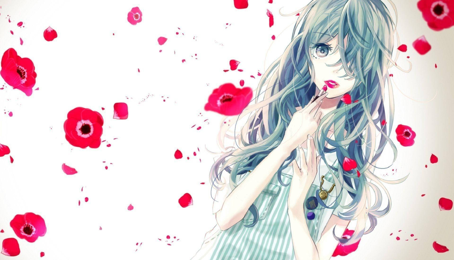 สาวอนิเมะน่ารักกับลิปสติกสีแดงและกลีบดอกไม้ วอลเปเปอร์