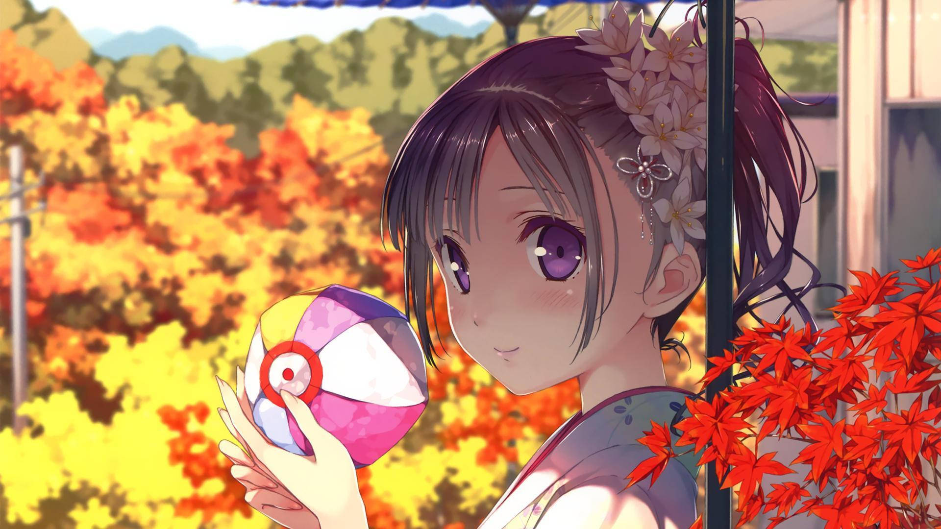 สาวอนิเมะน่ารักกับใบไม้ในฤดูใบไม้ร่วง วอลเปเปอร์