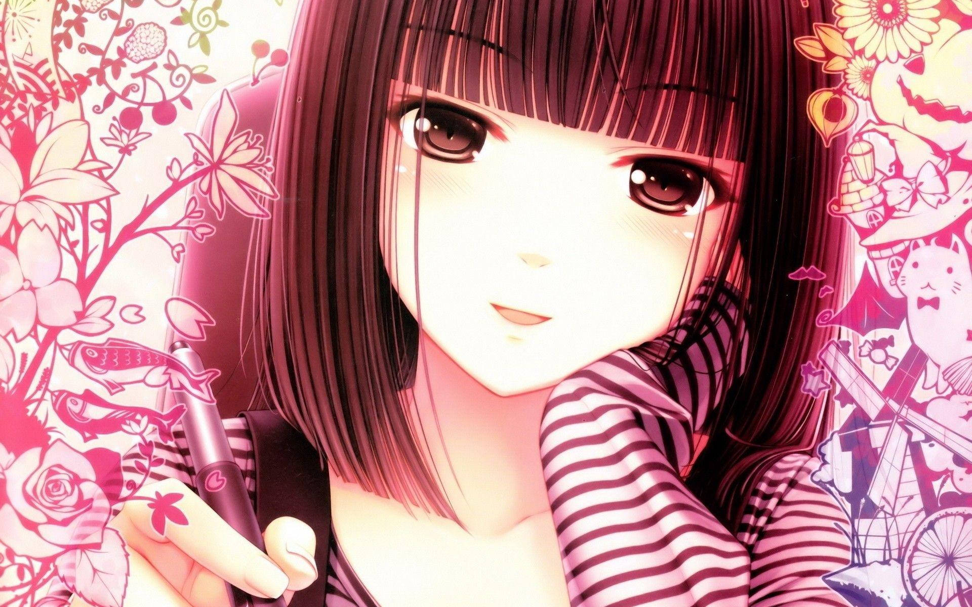 สาวอนิเมะน่ารักถือปากกาพร้อมลายเส้นขยุ้ม วอลเปเปอร์