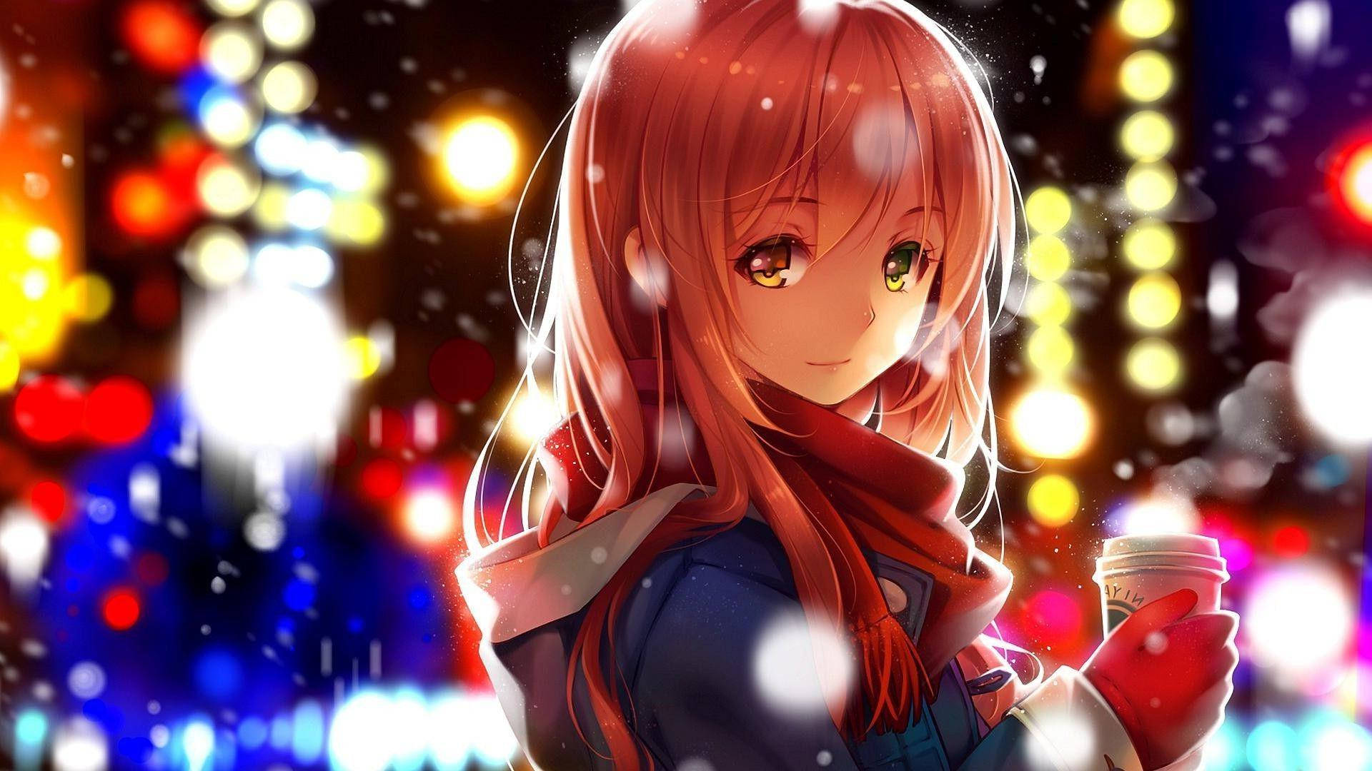 สาวอนิเมะน่ารักท่ามกลางหิมะ วอลเปเปอร์
